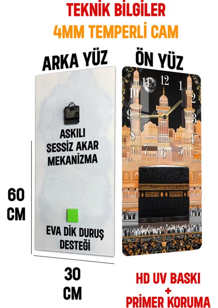Kâbe Gece Manzaralı Temperli Cam Tablo Saat 30X60 cm | Hd Uv Baskı– CUSD179