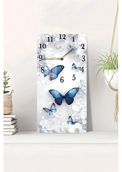 Mavi Kelebek Temalı Temperli Cam Tablo Saat – 30X60 cm | Hd Uv Baskı– CUSD155