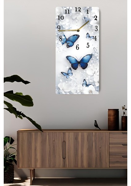 Mavi Kelebek Temalı Temperli Cam Tablo Saat – 30X60 cm | Hd Uv Baskı– CUSD155 fiyatları