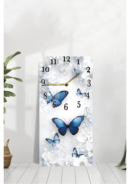 Mavi Kelebek Temalı Temperli Cam Tablo Saat – 30X60 cm | Hd Uv Baskı– CUSD155 modelleri