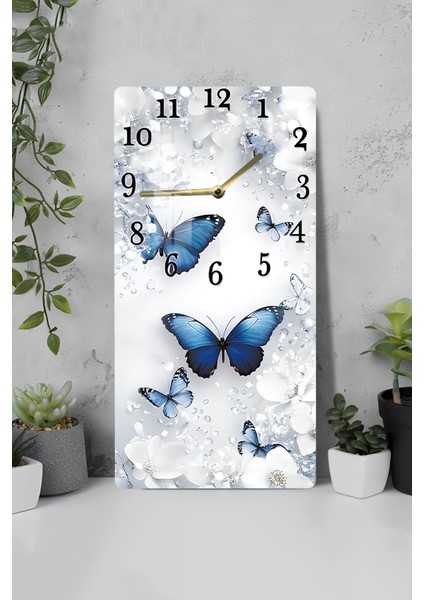 Mavi Kelebek Temalı Temperli Cam Tablo Saat – 30X60 cm | Hd Uv Baskı– CUSD155