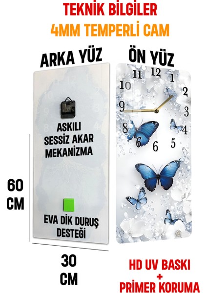 Mavi Kelebek Temalı Temperli Cam Tablo Saat – 30X60 cm | Hd Uv Baskı– CUSD155