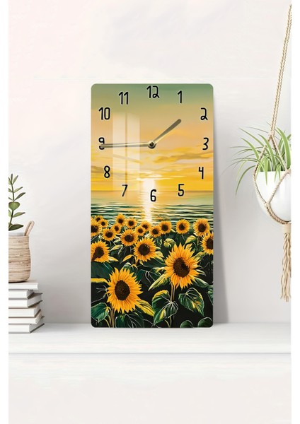 Günebakan Çiçekli Gün Doğumu Temalı Temperli Cam Duvar Saati – 33X33 cm – Uv Baskı– CUSD069