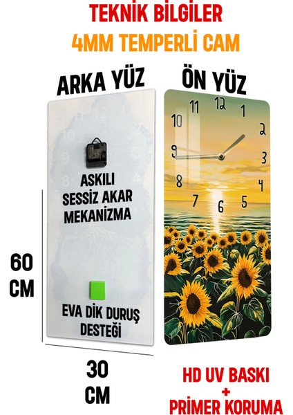 Günebakan Çiçekli Gün Doğumu Temalı Temperli Cam Duvar Saati – 33X33 cm – Uv Baskı– CUSD069