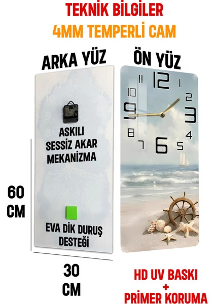 Deniz Kaptanı Temalı Temperli Cam Duvar Saati – 30X60 cm Hd Uv Baskı– CUSD056