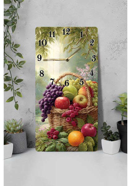 Temperli Cam Tablo Saat – Meyve Sepeti Desenli 30X60 cm Uv Baskı – CUSD022