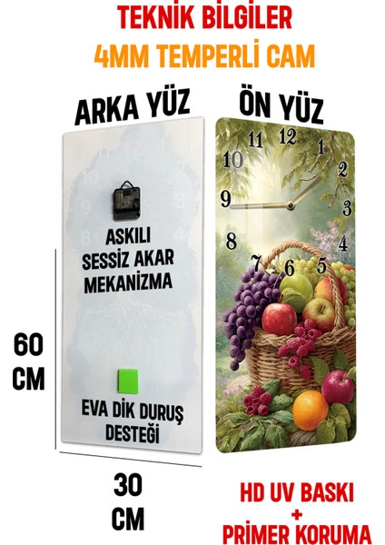 Temperli Cam Tablo Saat – Meyve Sepeti Desenli 30X60 cm Uv Baskı – CUSD022