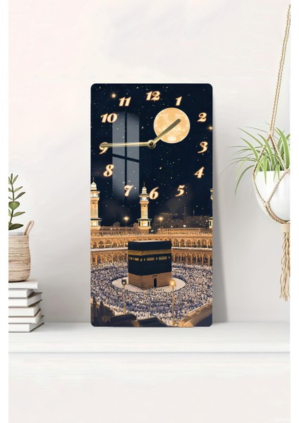 Temperli Cam Tablo Saat – Kâbe ve Gece Manzaralı 30X60CM Uv Baskı – CUSD006