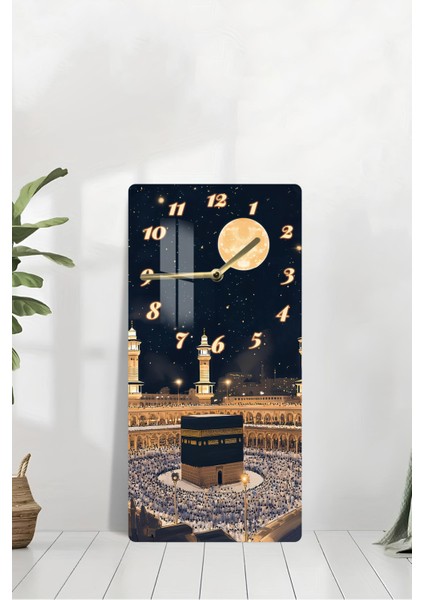 Temperli Cam Tablo Saat – Kâbe ve Gece Manzaralı 30X60CM Uv Baskı – CUSD006 modelleri