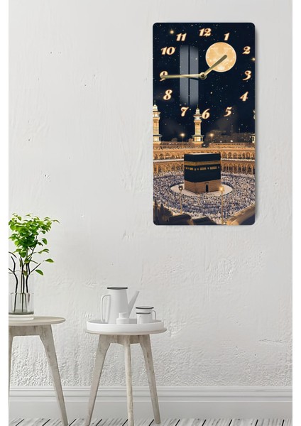 Temperli Cam Tablo Saat – Kâbe ve Gece Manzaralı 30X60CM Uv Baskı – CUSD006 indirimleri