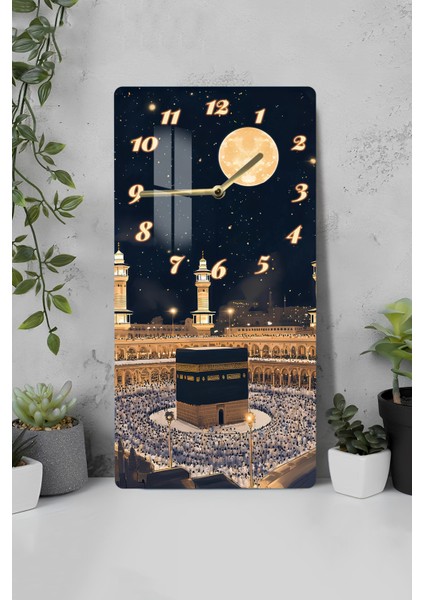Temperli Cam Tablo Saat – Kâbe ve Gece Manzaralı 30X60CM Uv Baskı – CUSD006