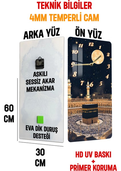 Temperli Cam Tablo Saat – Kâbe ve Gece Manzaralı 30X60CM Uv Baskı – CUSD006