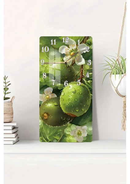 Yeşil Meyve ve Çiçek Desenli Temperli Cam Tablo Saat 30×60 cm Hd Uv Baskı– CUSD229