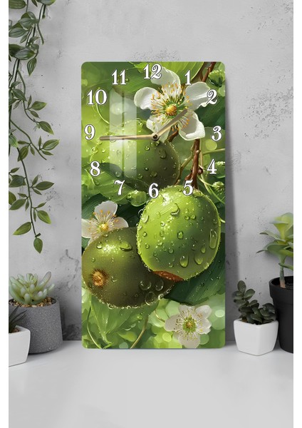 Yeşil Meyve ve Çiçek Desenli Temperli Cam Tablo Saat 30×60 cm Hd Uv Baskı– CUSD229