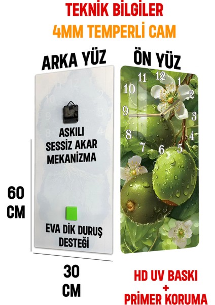 Yeşil Meyve ve Çiçek Desenli Temperli Cam Tablo Saat 30×60 cm Hd Uv Baskı– CUSD229