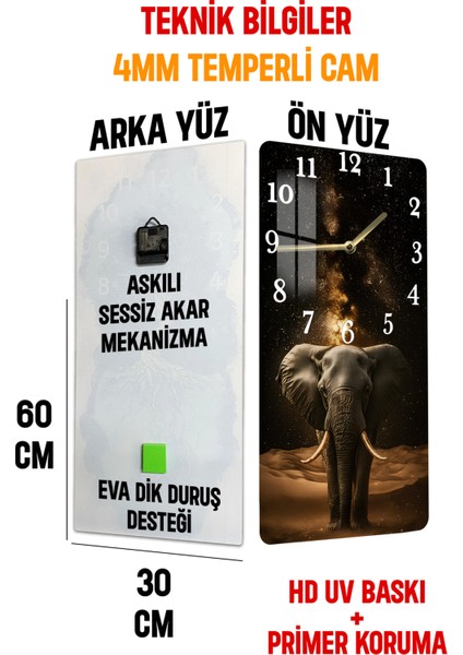 Fil ve Yıldızlı Gece Temalı Temperli Cam Tablo Saat – 30×60 Cm– Uv Baskı– CUSD135