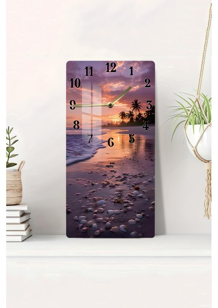 Gün Batımı ve Deniz Kabukları Temalı Temperli Cam Tablo Saat – 30X60 cm | Hd Uv Baskı CUSD079