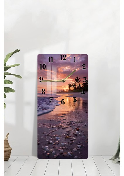 Gün Batımı ve Deniz Kabukları Temalı Temperli Cam Tablo Saat – 30X60 cm | Hd Uv Baskı CUSD079 modelleri