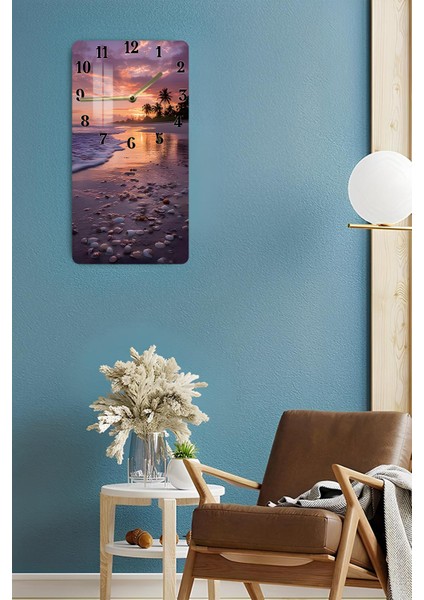 Gün Batımı ve Deniz Kabukları Temalı Temperli Cam Tablo Saat – 30X60 cm | Hd Uv Baskı CUSD079 fırsatları