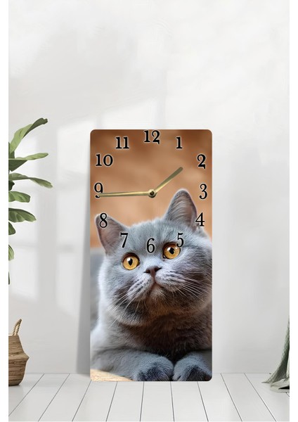 Temperli Cam Tablo Saat – Sevimli Gri Kedi Tasarımı (30×60 Cm)– Uv Baskı– CUSD133 modelleri