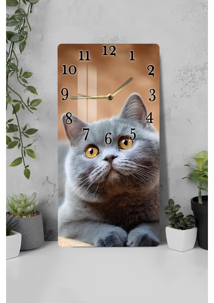 Temperli Cam Tablo Saat – Sevimli Gri Kedi Tasarımı (30×60 Cm)– Uv Baskı– CUSD133