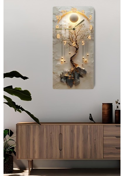 Temperli Cam Tablo Saat – Hayat Ağacı ve Güneş Halkası Deseni (30X60 Cm) Uv Baskı– CUSD092 fiyatları