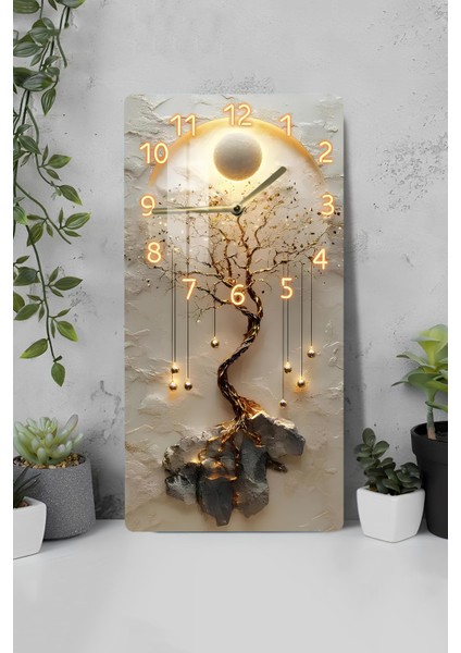 Temperli Cam Tablo Saat – Hayat Ağacı ve Güneş Halkası Deseni (30X60 Cm) Uv Baskı– CUSD092