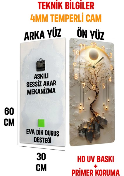 Temperli Cam Tablo Saat – Hayat Ağacı ve Güneş Halkası Deseni (30X60 Cm) Uv Baskı– CUSD092
