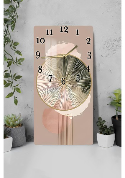 Bej & Gold Soyut Desenli Temperli Cam Tablo Saat – 30X60 cm | Hd Uv Baskı– CUSD087