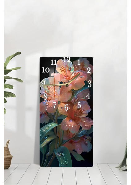 Turuncu Çiçek Desenli Temperli Cam Tablo Saat – 30X60 cm | Hd Uv Baskı– CUSD169 modelleri
