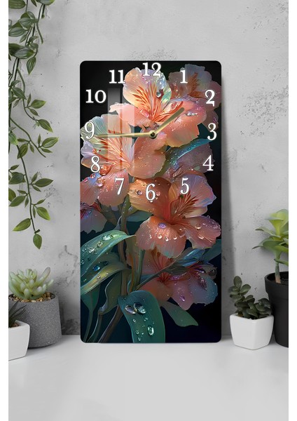 Turuncu Çiçek Desenli Temperli Cam Tablo Saat – 30X60 cm | Hd Uv Baskı– CUSD169