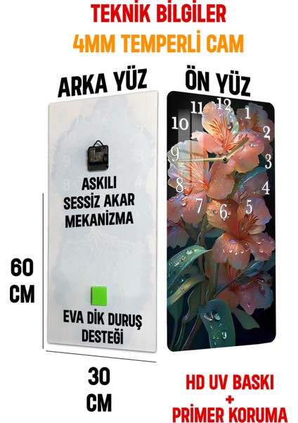 Turuncu Çiçek Desenli Temperli Cam Tablo Saat – 30X60 cm | Hd Uv Baskı– CUSD169