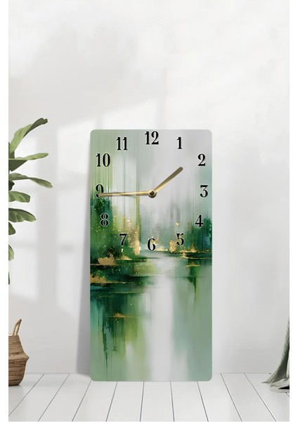 Yeşil ve Altın Soyut Desenli Temperli Cam Tablo Saat – 30X60 cm | Hd Uv Baskı– CUSD161 modelleri