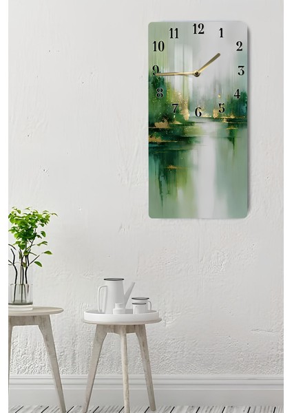 Yeşil ve Altın Soyut Desenli Temperli Cam Tablo Saat – 30X60 cm | Hd Uv Baskı– CUSD161 indirimleri