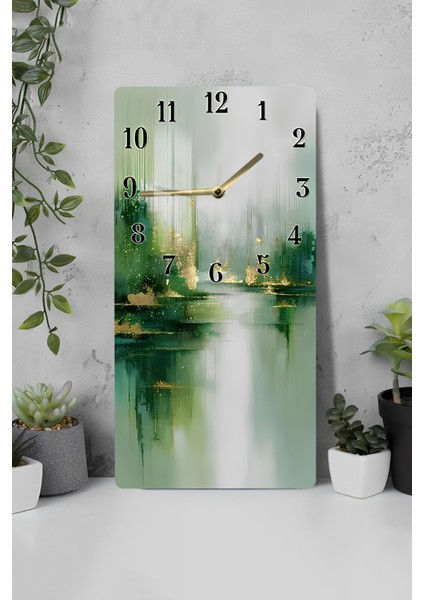Yeşil ve Altın Soyut Desenli Temperli Cam Tablo Saat – 30X60 cm | Hd Uv Baskı– CUSD161