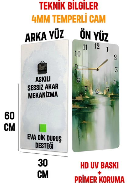 Yeşil ve Altın Soyut Desenli Temperli Cam Tablo Saat – 30X60 cm | Hd Uv Baskı– CUSD161