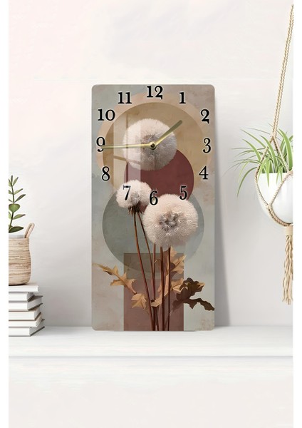 Temperli Cam Tablo Saat – Modern Çiçek ve Soyut Daire Deseni (30X60 Cm) Uv Baskı– CUSD094