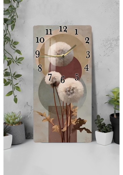 Temperli Cam Tablo Saat – Modern Çiçek ve Soyut Daire Deseni (30X60 Cm) Uv Baskı– CUSD094