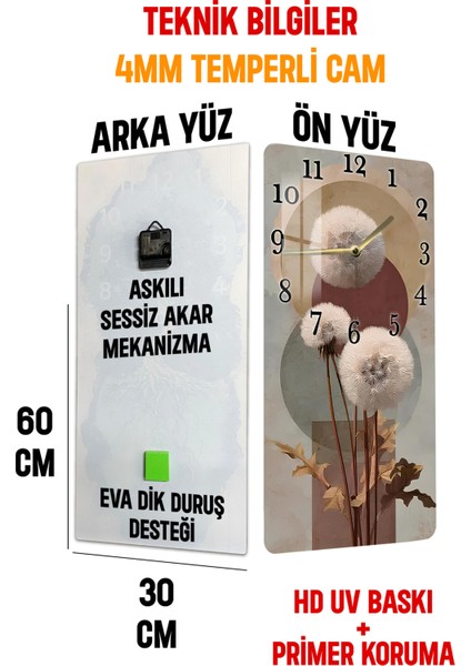 Temperli Cam Tablo Saat – Modern Çiçek ve Soyut Daire Deseni (30X60 Cm) Uv Baskı– CUSD094