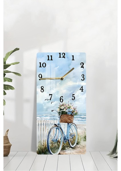 Mavi Bisiklet ve Deniz Manzaralı Temperli Cam Duvar Saati – 33X33 cm Uv Baskı– CUSD066 modelleri