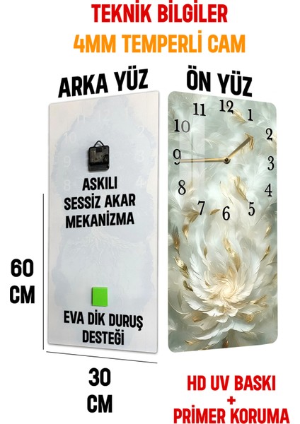 Altın Tüy Desenli Temperli Cam Tablo Saat – 30X60 cm | Hd Uv Baskı– CUSD158