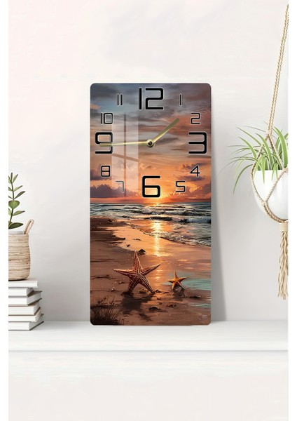 Gün Batımı ve Deniz Yıldızı Temalı Temperli Cam Duvar Saati – 30X60 cm Hd Uv Baskı– CUSD061