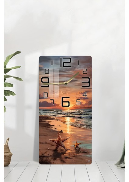 Gün Batımı ve Deniz Yıldızı Temalı Temperli Cam Duvar Saati – 30X60 cm Hd Uv Baskı– CUSD061 modelleri