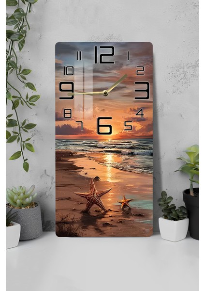 Gün Batımı ve Deniz Yıldızı Temalı Temperli Cam Duvar Saati – 30X60 cm Hd Uv Baskı– CUSD061