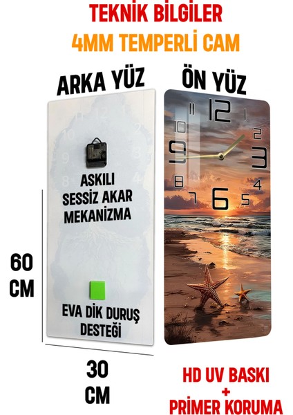 Gün Batımı ve Deniz Yıldızı Temalı Temperli Cam Duvar Saati – 30X60 cm Hd Uv Baskı– CUSD061