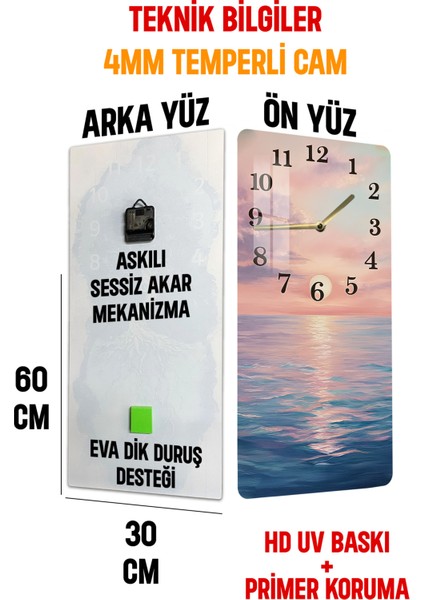Gün Batımı Deniz Manzaralı Temperli Cam Duvar Saati – 30X60 cm Hd Uv Baskı– CUSD055