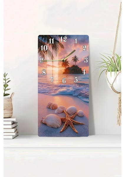 Tropikal Gün Batımı ve Deniz Kabukları Temalı Temperli Cam Duvar Saati – 33X33 cm Uv Baskı– CUSD064
