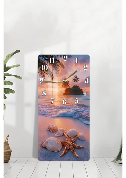 Tropikal Gün Batımı ve Deniz Kabukları Temalı Temperli Cam Duvar Saati – 33X33 cm Uv Baskı– CUSD064 modelleri