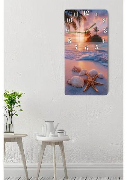 Tropikal Gün Batımı ve Deniz Kabukları Temalı Temperli Cam Duvar Saati – 33X33 cm Uv Baskı– CUSD064 indirimleri