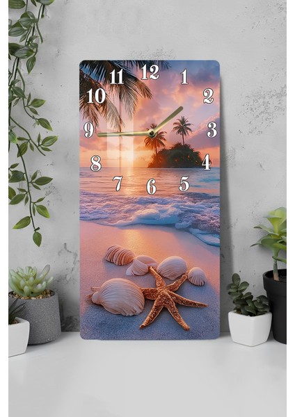 Tropikal Gün Batımı ve Deniz Kabukları Temalı Temperli Cam Duvar Saati – 33X33 cm Uv Baskı– CUSD064